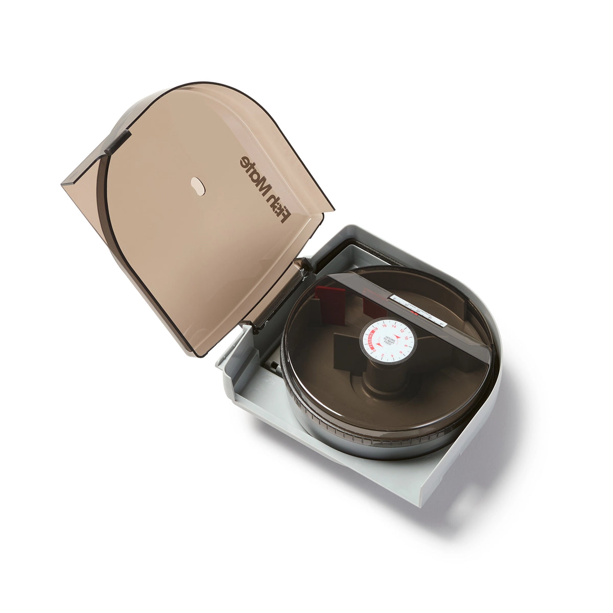 A tilted view of an open Fish Mate pond feeder on a white background.