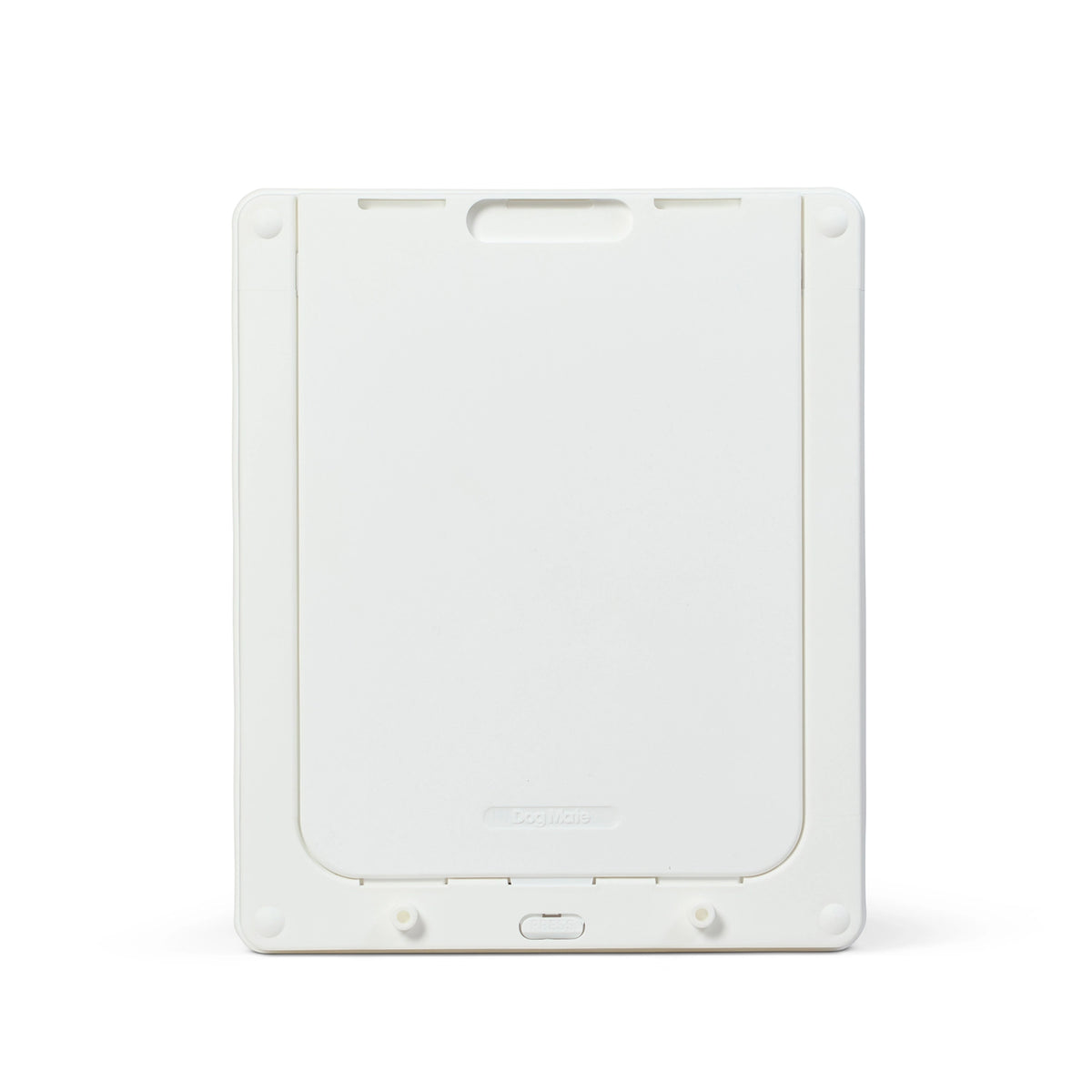 A front view of the Dog Mate medium white pet door showing the locking panel in place.
