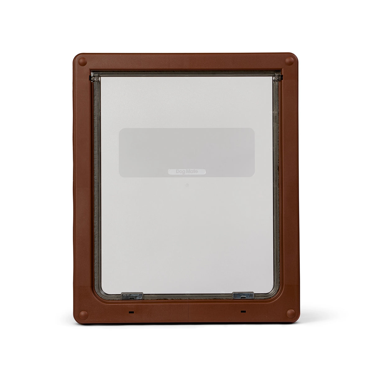 A front view of a large brown dog door with a clear panel on a white background.