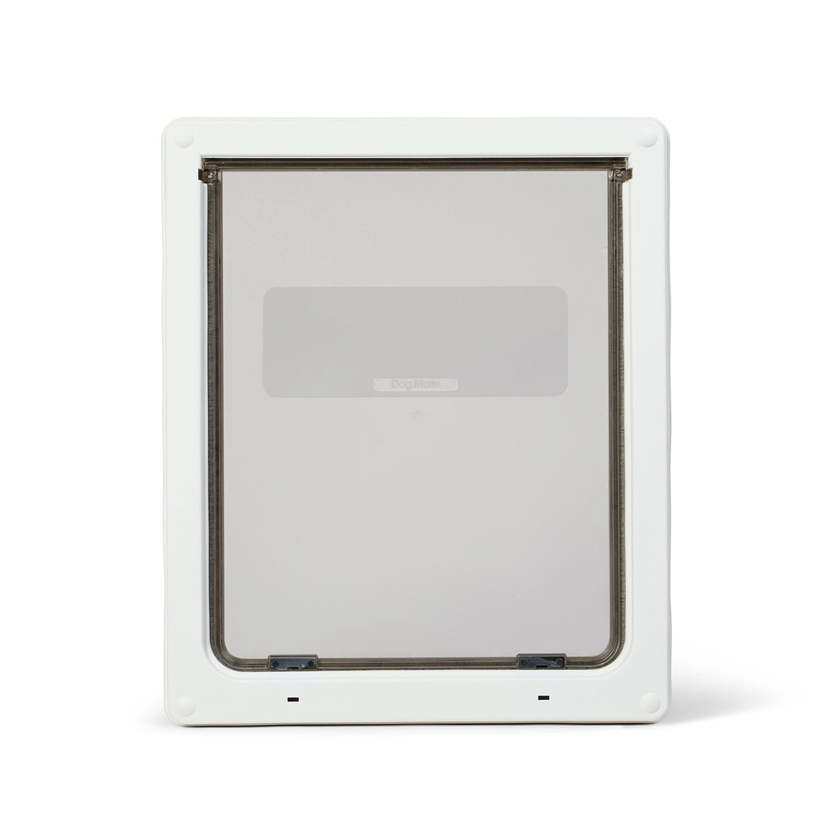 White Dog Mate pet door with a clear panel on a white background