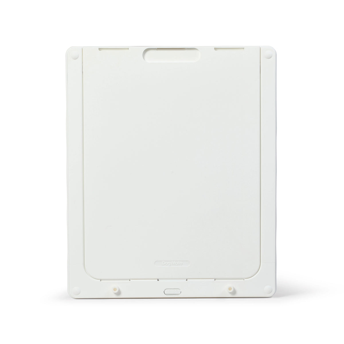 The back side of the large white dog door with the security panel in place.