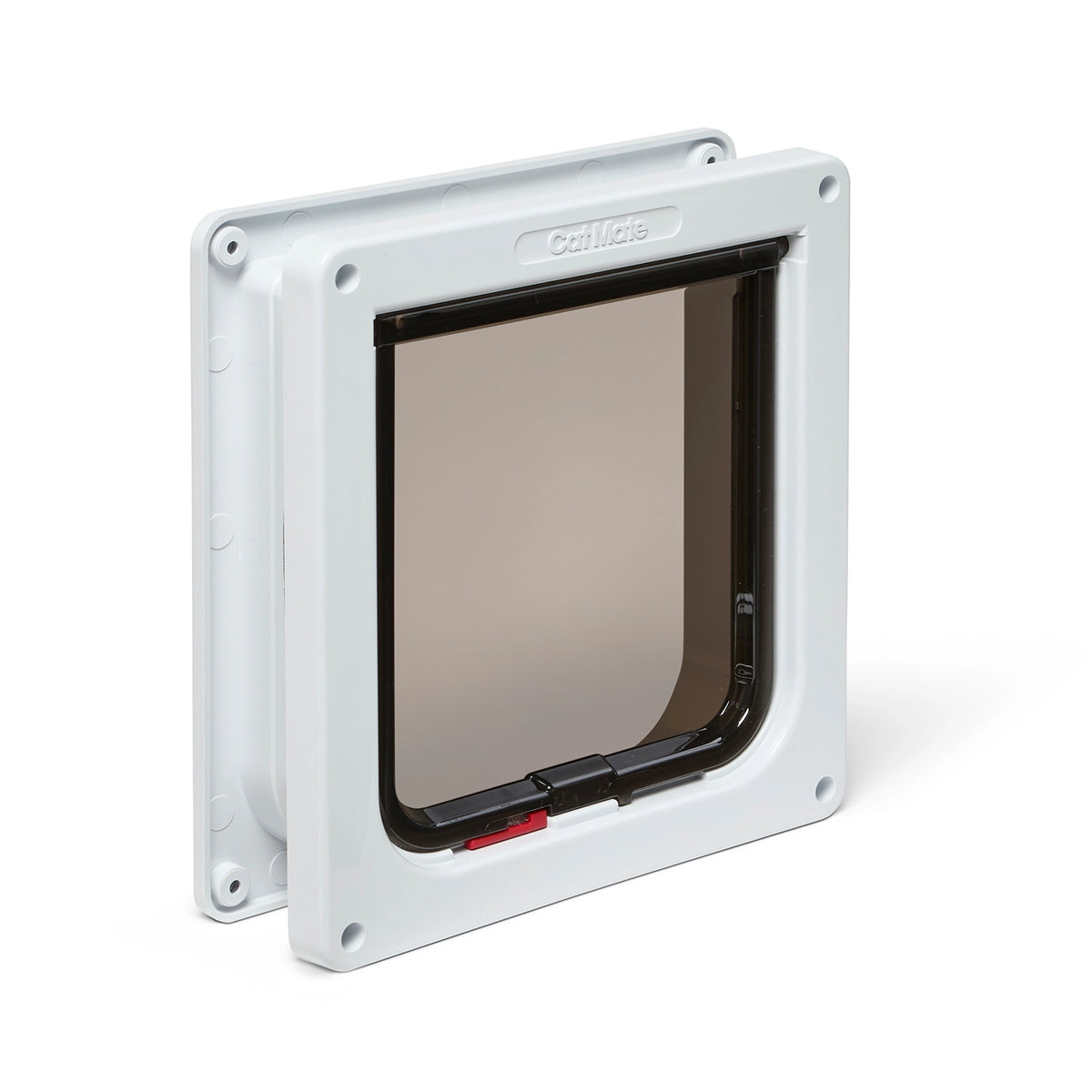 Pet door with a white frame on a white background with the red and green locks visible.