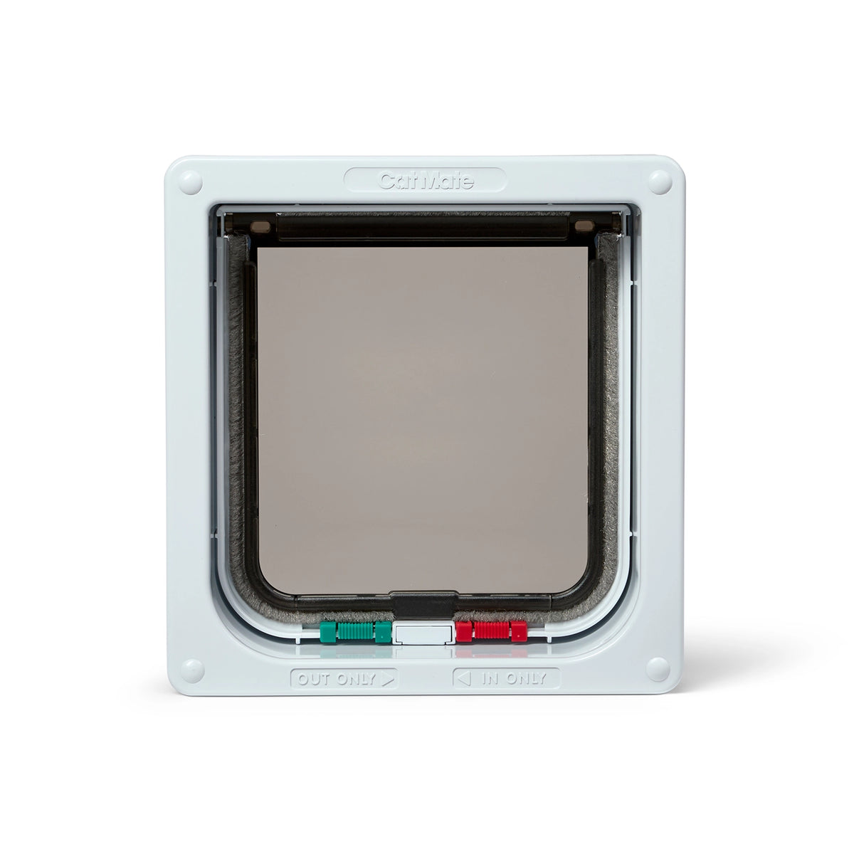 Pet door with a clear flap on a white background