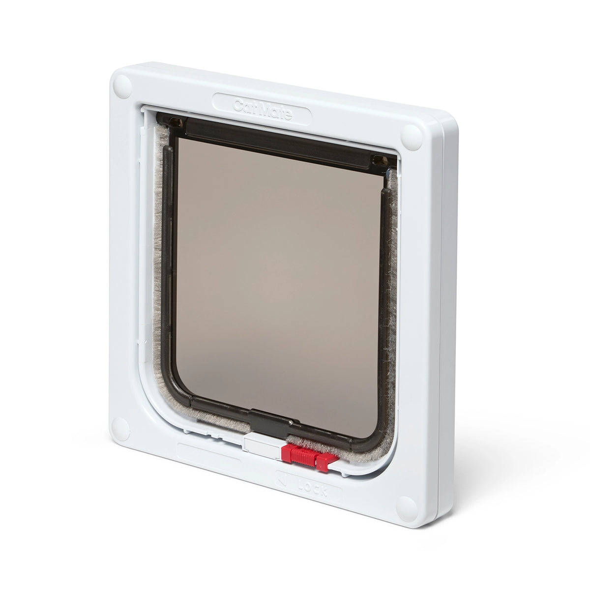 A side on view of the white cat flap that can be manually locked against a white background.