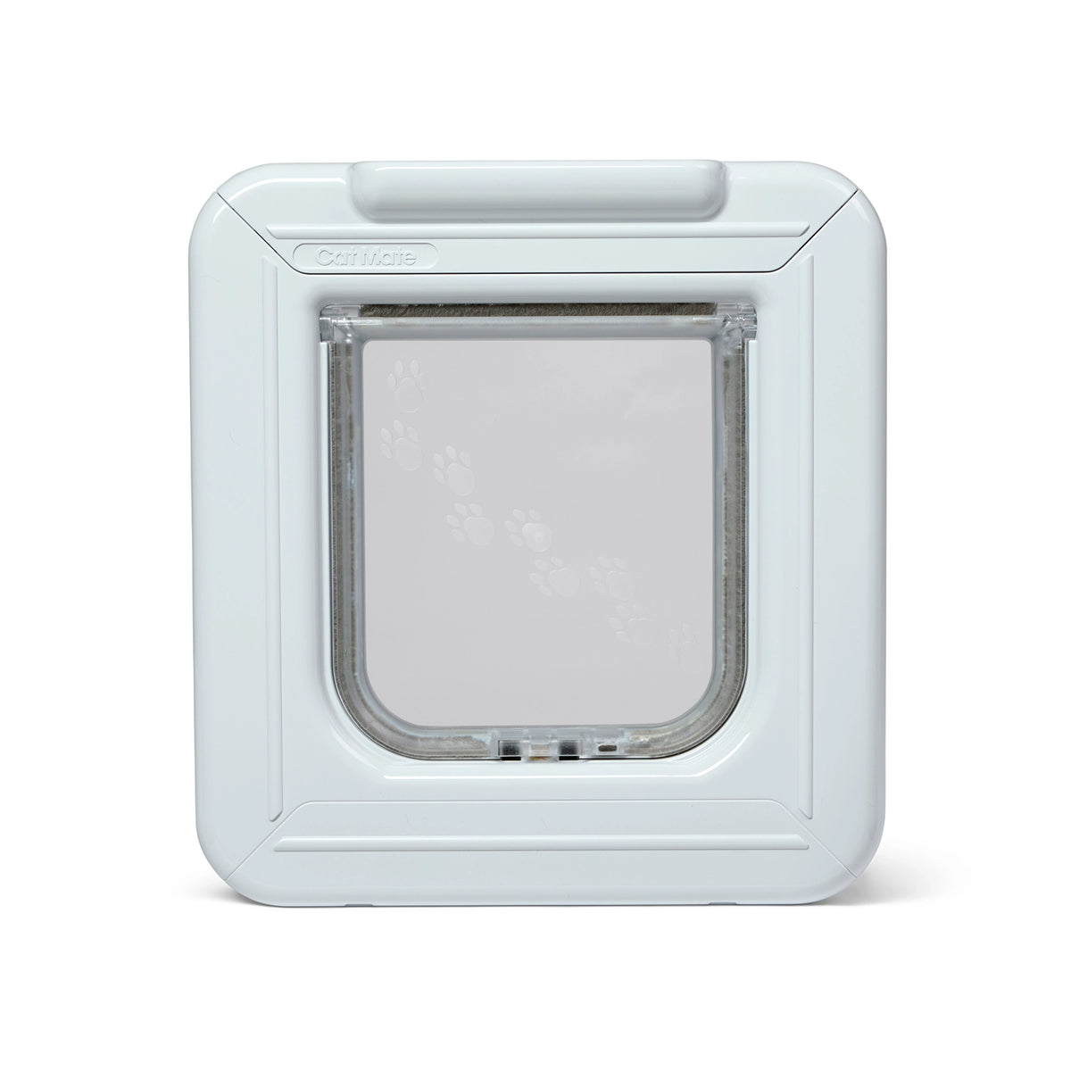White cat flap that operates using electronic ID discs to allow specific cats to enter or exit through the flap, on a white background.