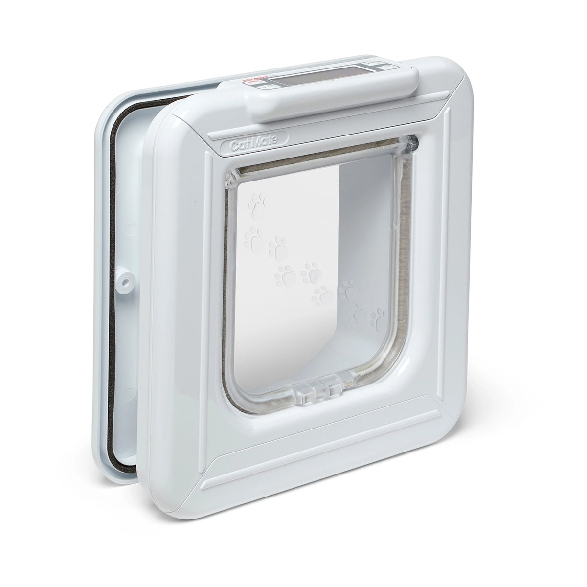 Electromagnetic white pet door for average size cats with a clear flap on a white background