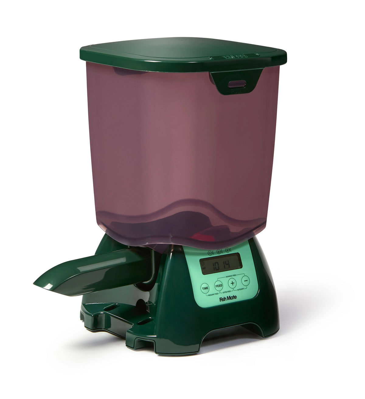 A side angled view of a green and purple pond fish food dispenser on a white background