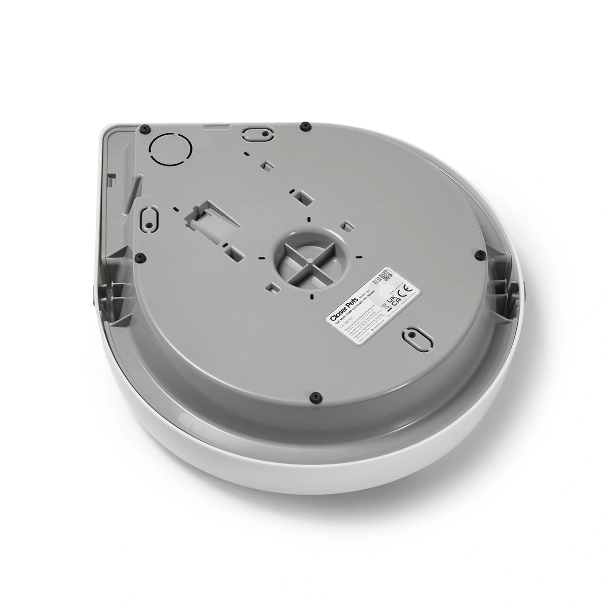 Grey pet feeder base with branding on a white background