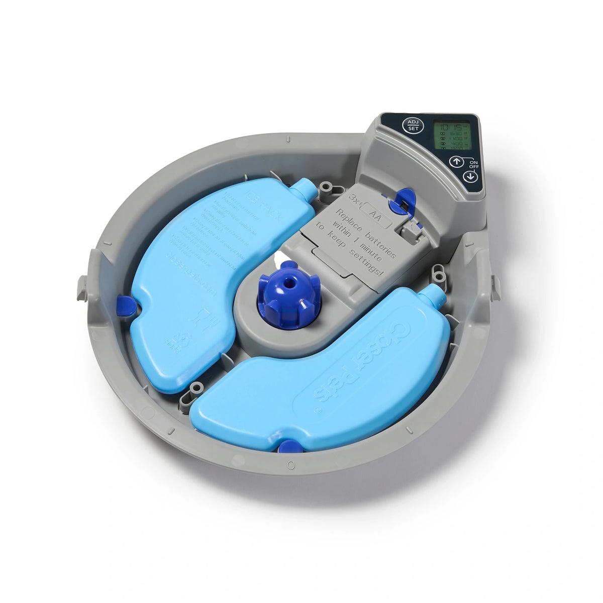 top down view of the pet feeder base with blue and grey design on a white background