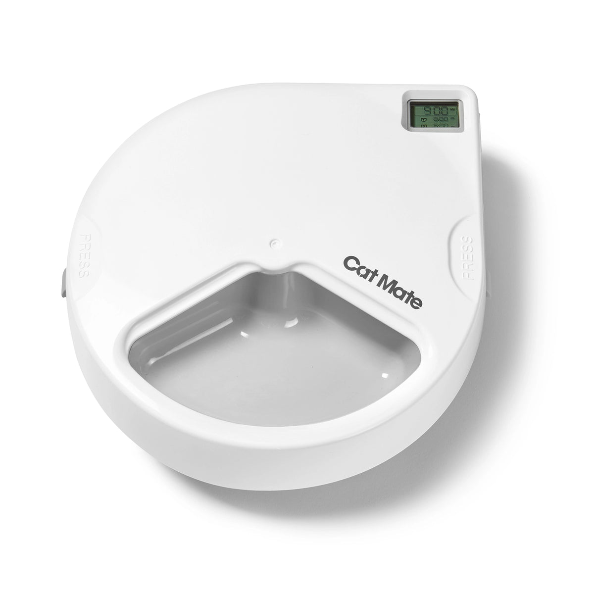 White automatic cat feeder by Cat Mate with digital display on a white background