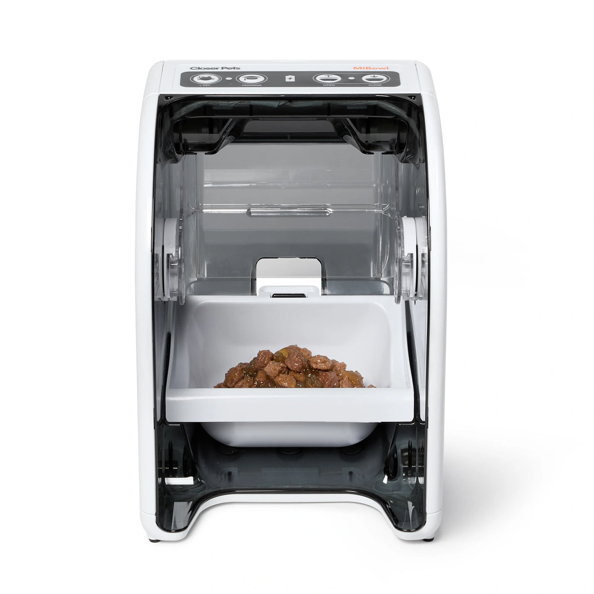 MiBowl Automatic Microchip Pet Feeder CP500 showing an opened compartment with pet food inside.