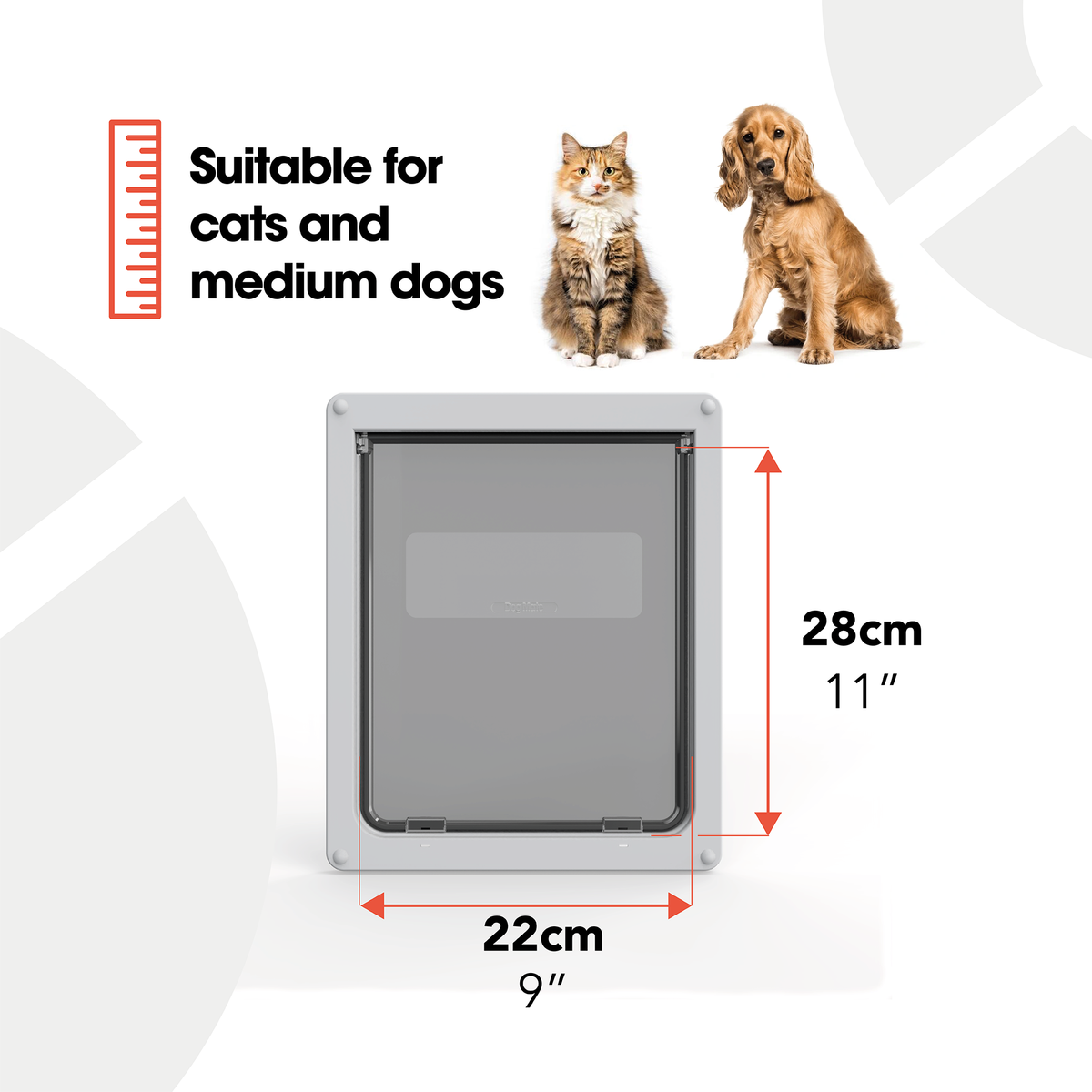 An infographic of the pet door displaying the dimensions, and the types of pets that the door is suitable for.