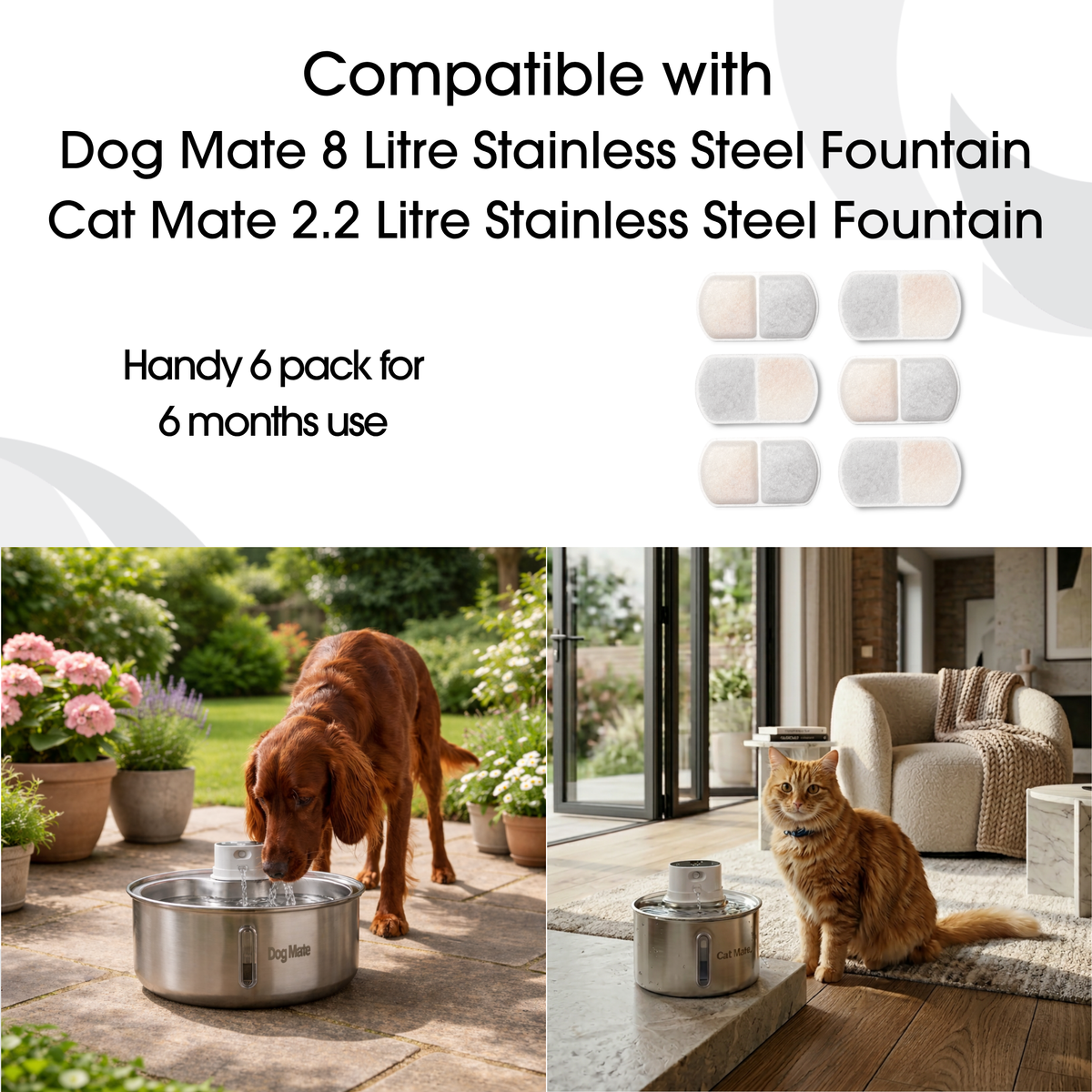 Replacement Filters for Dog Mate 8L & Cat Mate 2.2L Stainless Steel Fountain - 6 Pack