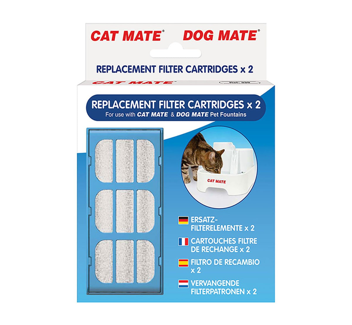 A cardboard box containing the pack of two replacement filters for pet drinking fountains against a white background.
