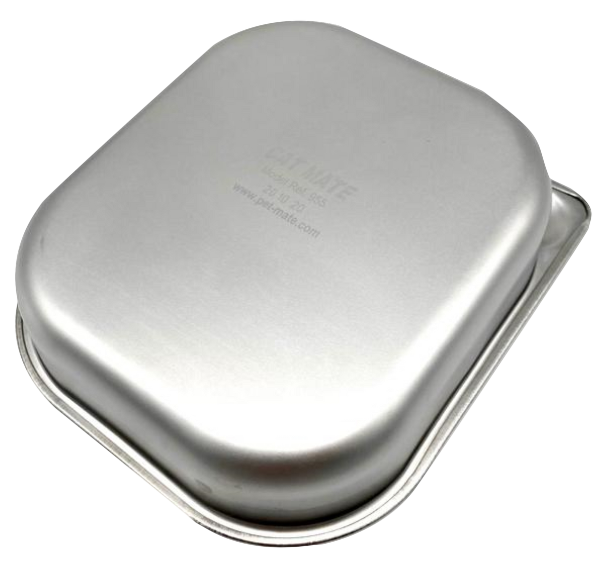 A upside down stainless steel bowl with the brand Cat Mate and other text written underneath it