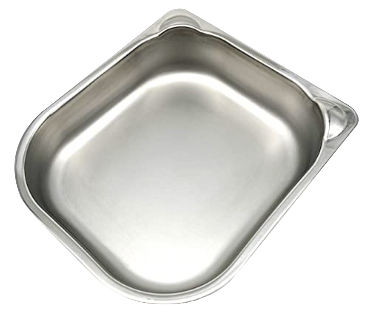 Stainless steel rectangular bowl with rounded edges and a smooth, polished surface, viewed from an angled top perspective on a clear background