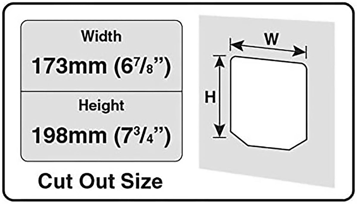 A black and white diagram on a white background showing the cut out size that is required for the cat flap