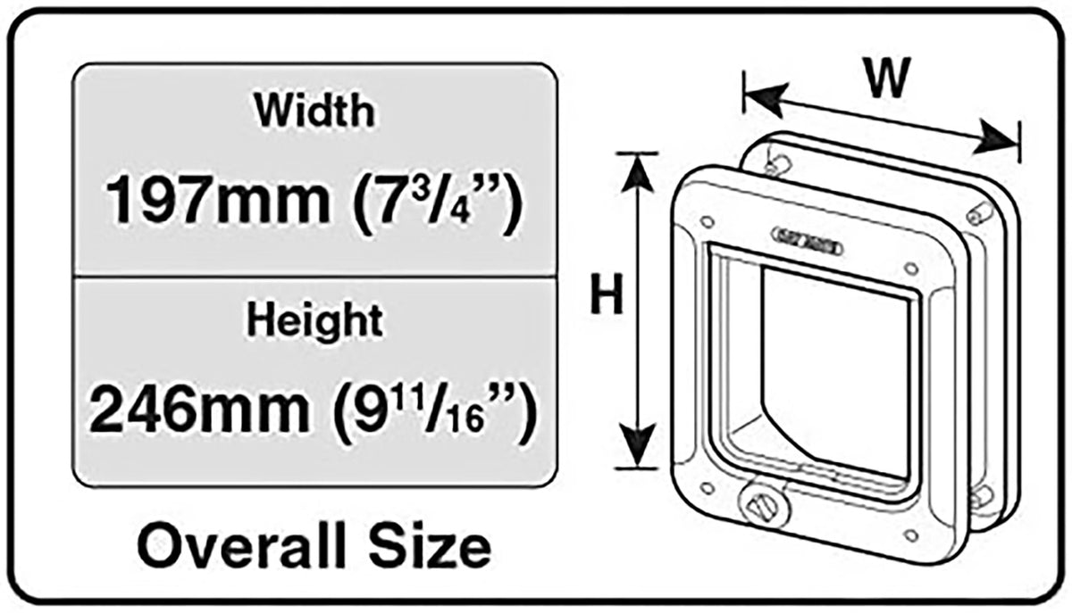 A black and white diagram displaying the dimensions of the overall size of the cat flap. 