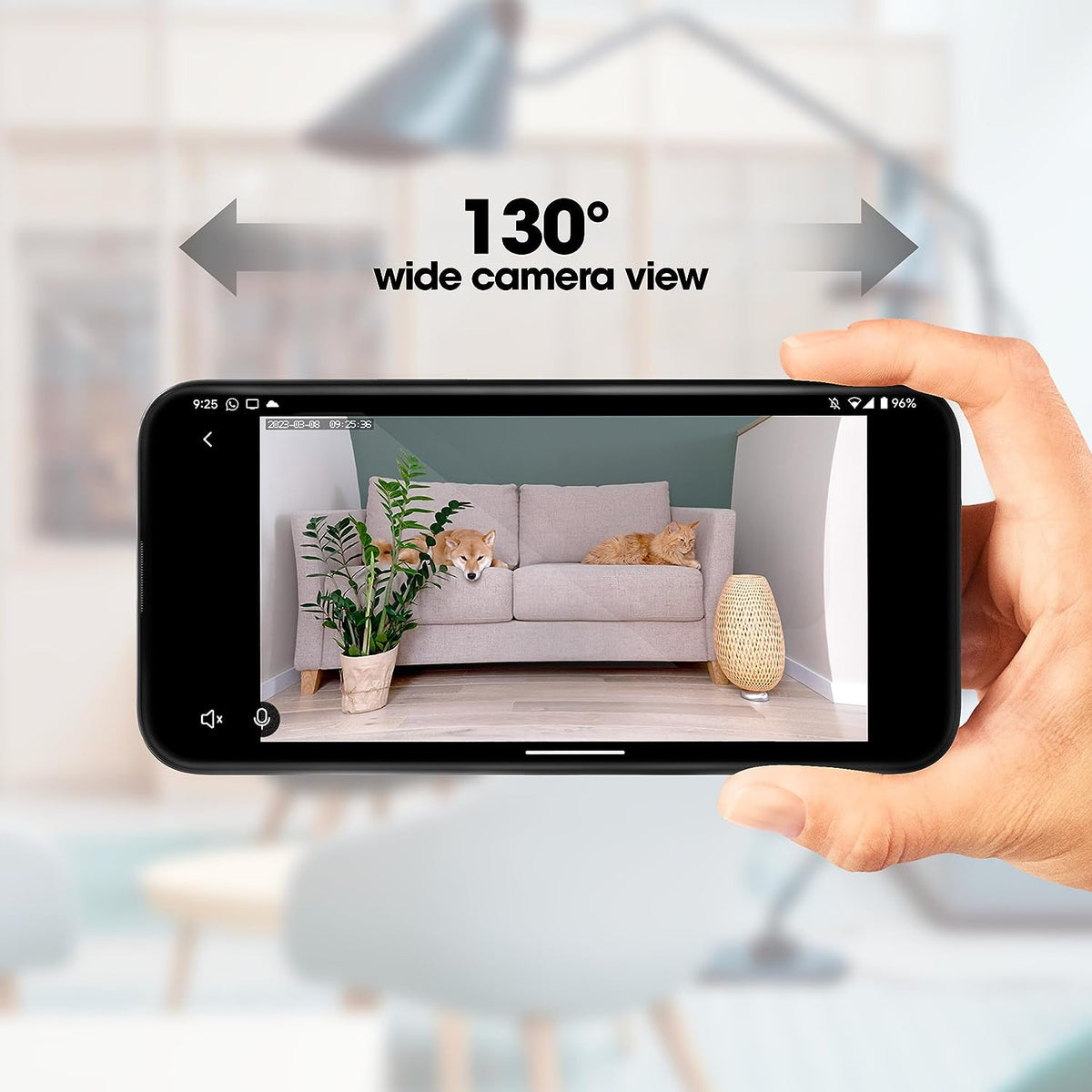 Closer Pets TreatView Pet Camera with Treat Dispenser showing a 130° wide camera view of pets on a couch.