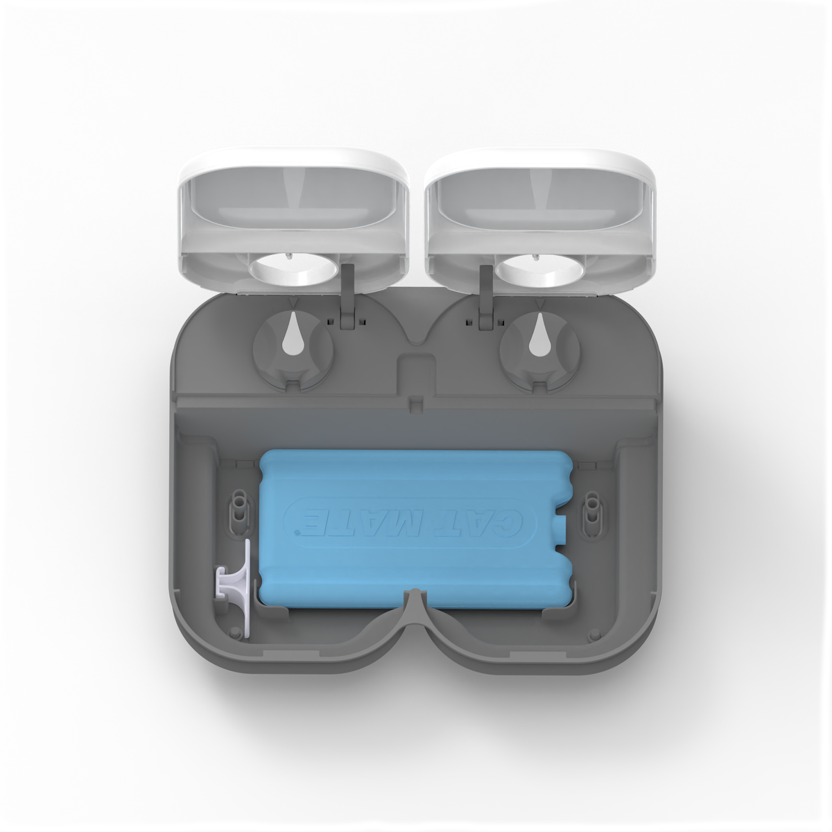 An inside view of the pet feeder displaying the blue ice pack which is used to keep pet food chilled in the grey base with a white lid and white diala on a white background 