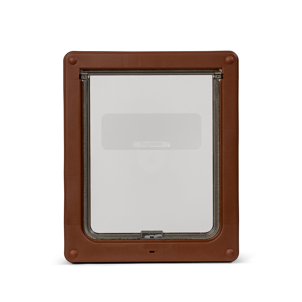Front view of a brown pet door with clear flap on a white background. 