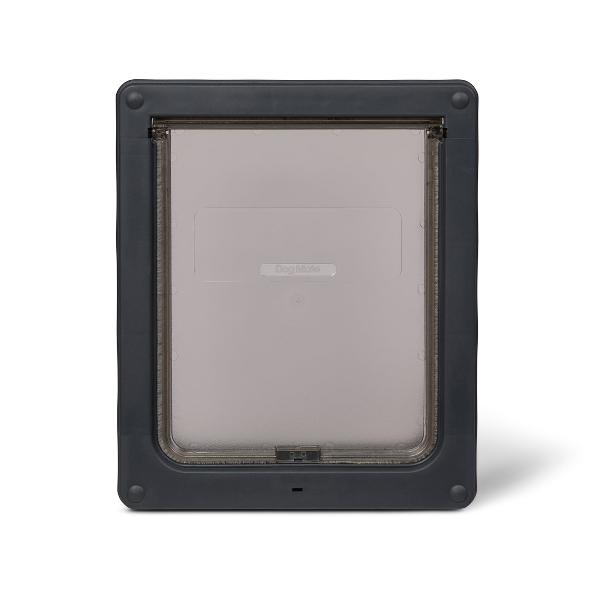A translucent pet door on a grey frame  for medium size dogs with a secure manual locking panel on a white background 
