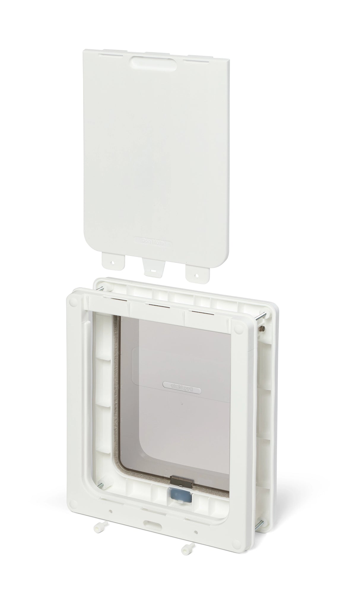 An angled view of the white Dog Mate medium pet door with a clear flap on a white background. 