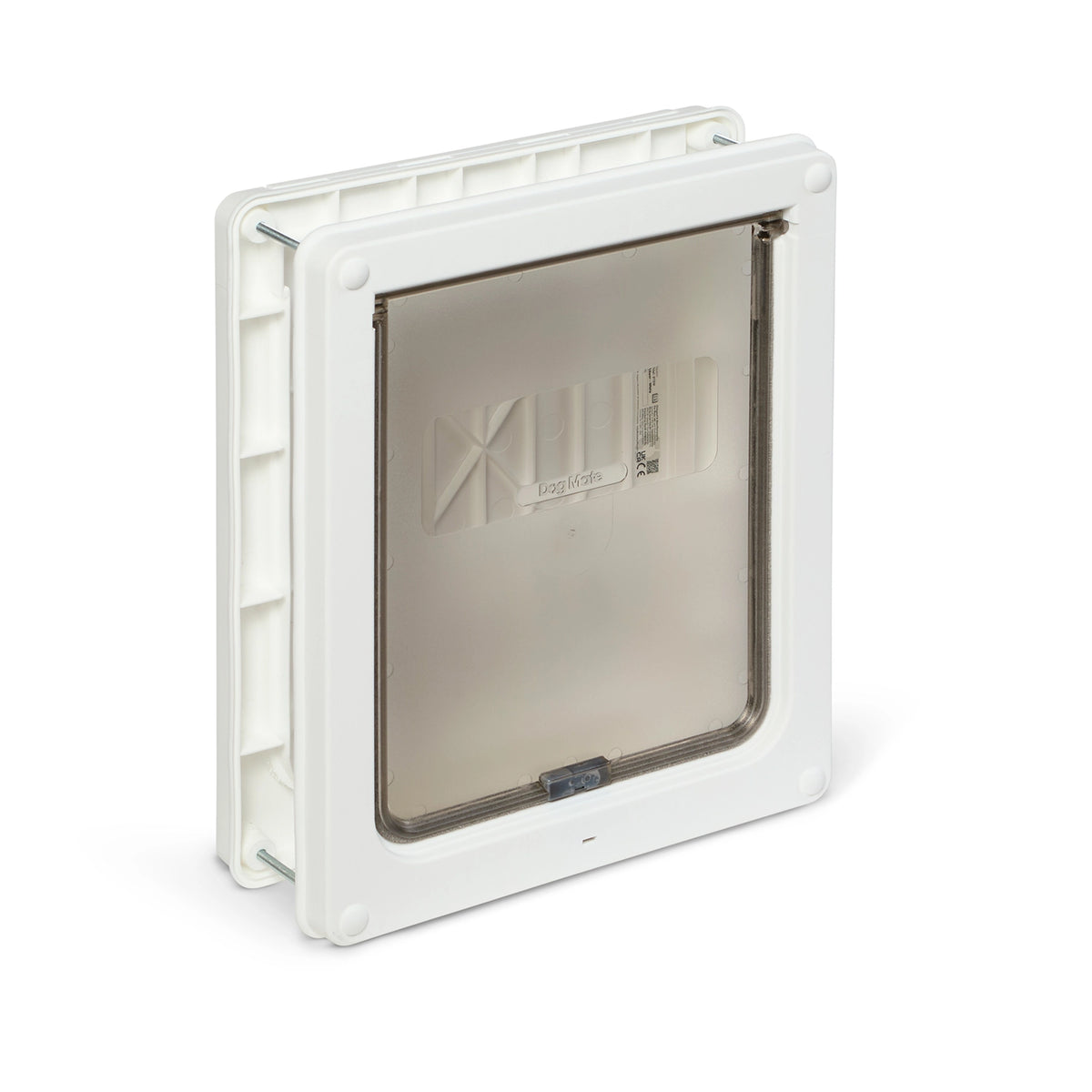 A white Dog Mate medium pet door with a clear flap on a white background