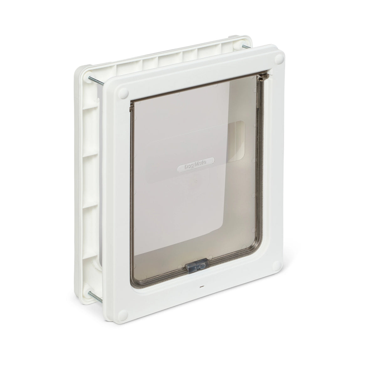 Side angle of a white Dog Mate pet door with a clear flap on a white background. 