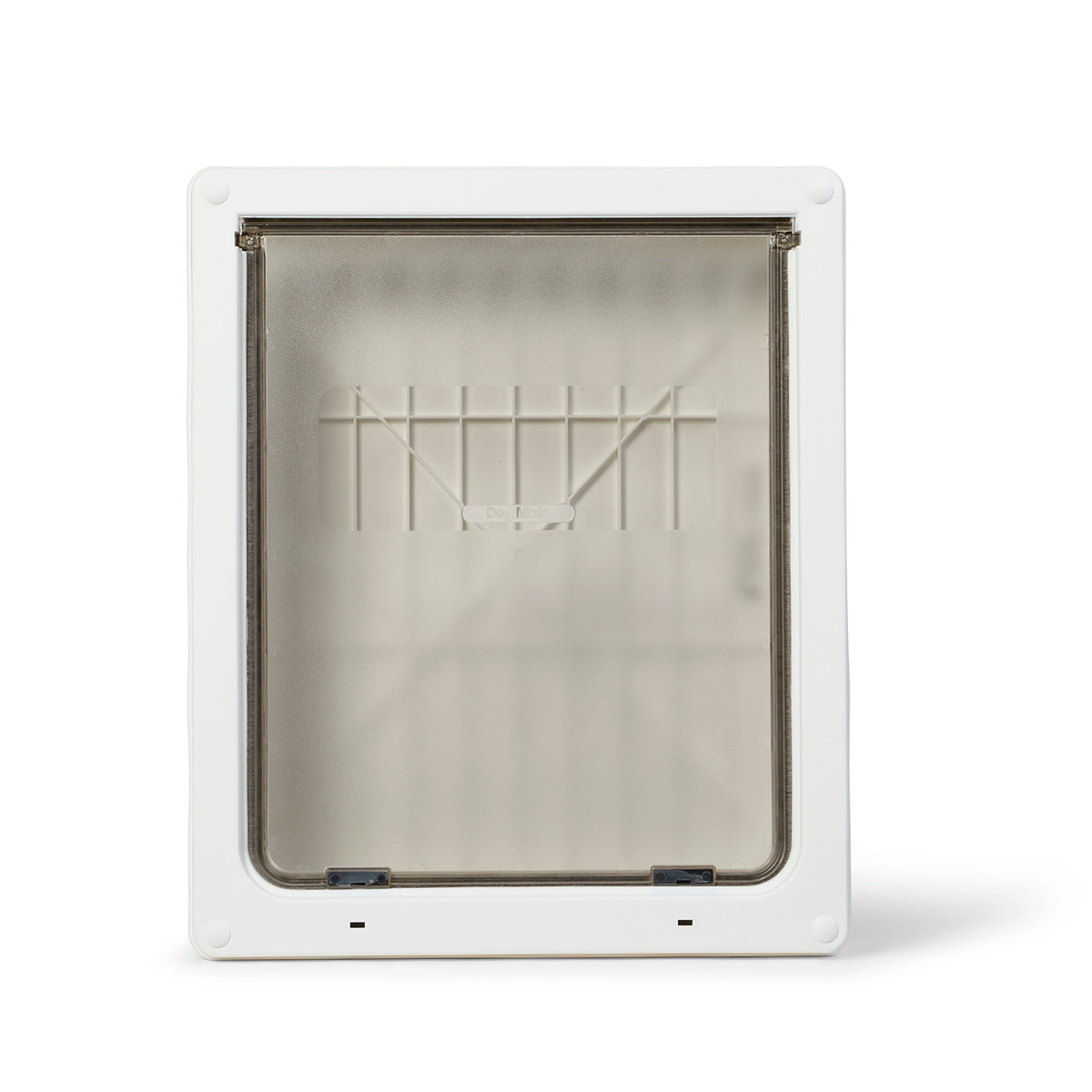 Pet door with a white frame and clear flap on a white background