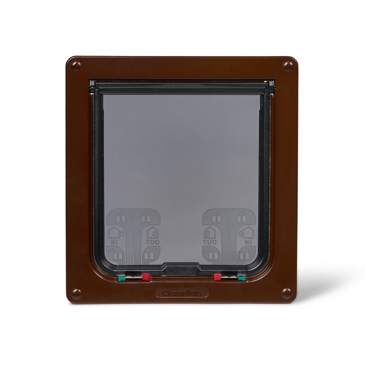 A front view of the brown-framed pet door for all cat breeds and small dogs with four-way manual locks, on a white background 