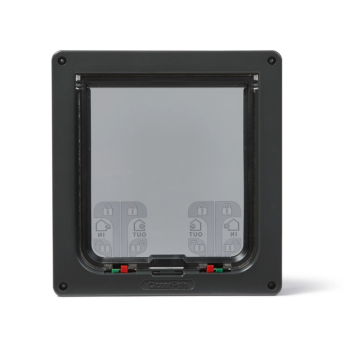 A large grey cat flap with 4-way red and green locks and magnetic closure  against a white background. 