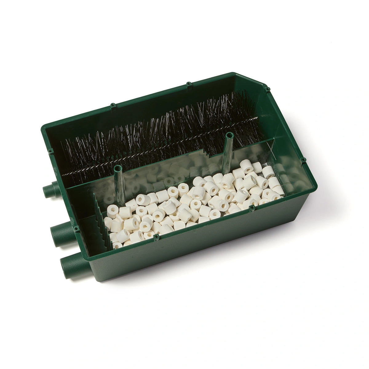 Inside view of the green GBIO gravity pond filter against a white background. 