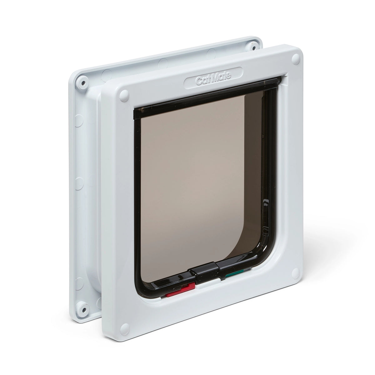 Pet door for use with average size cats with a white frame and clear flap on a white background