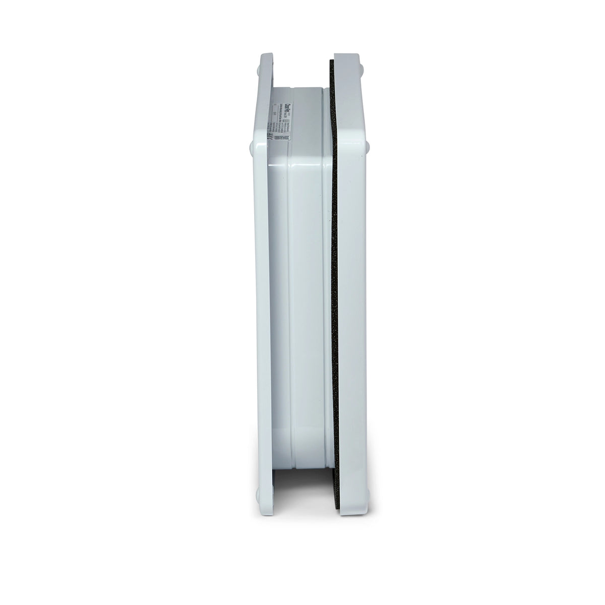 A side view of the white lockable cat flap and door liner on a white background. 