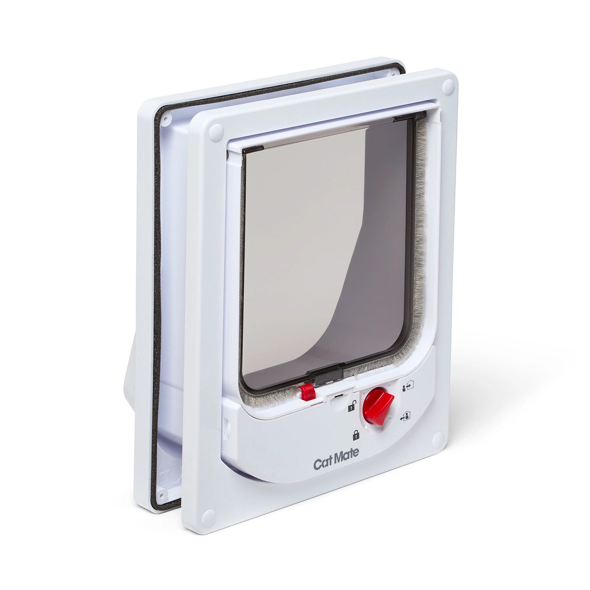 Pet door  for average size cats with a clear flap and red locks on a white background
