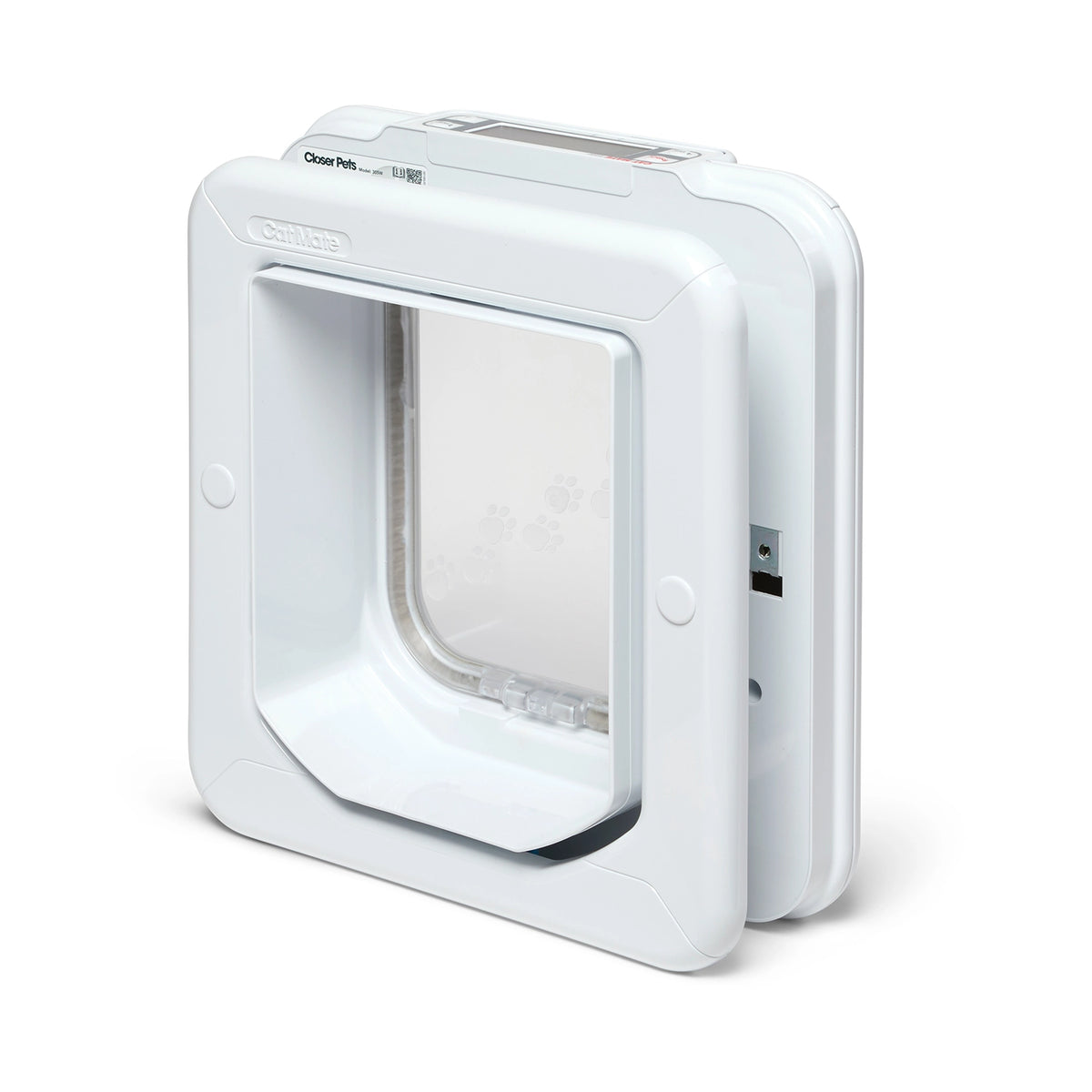 White pet door for cats that are of average size, with timer on a white background