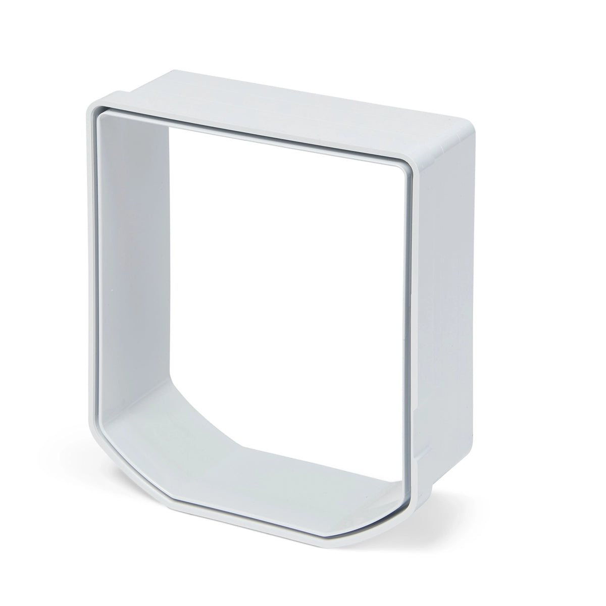 White cat flap liner for installing certain cat flap sizes in to walls or doors that are over a certain thickness, on a white background. 