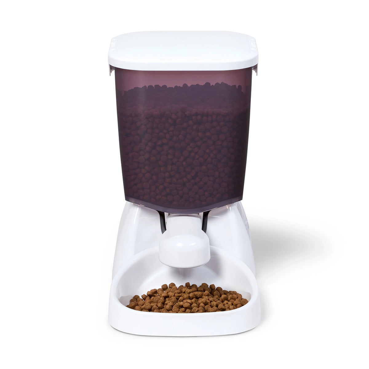 Pet food dispenser with a white base and white top on a white background