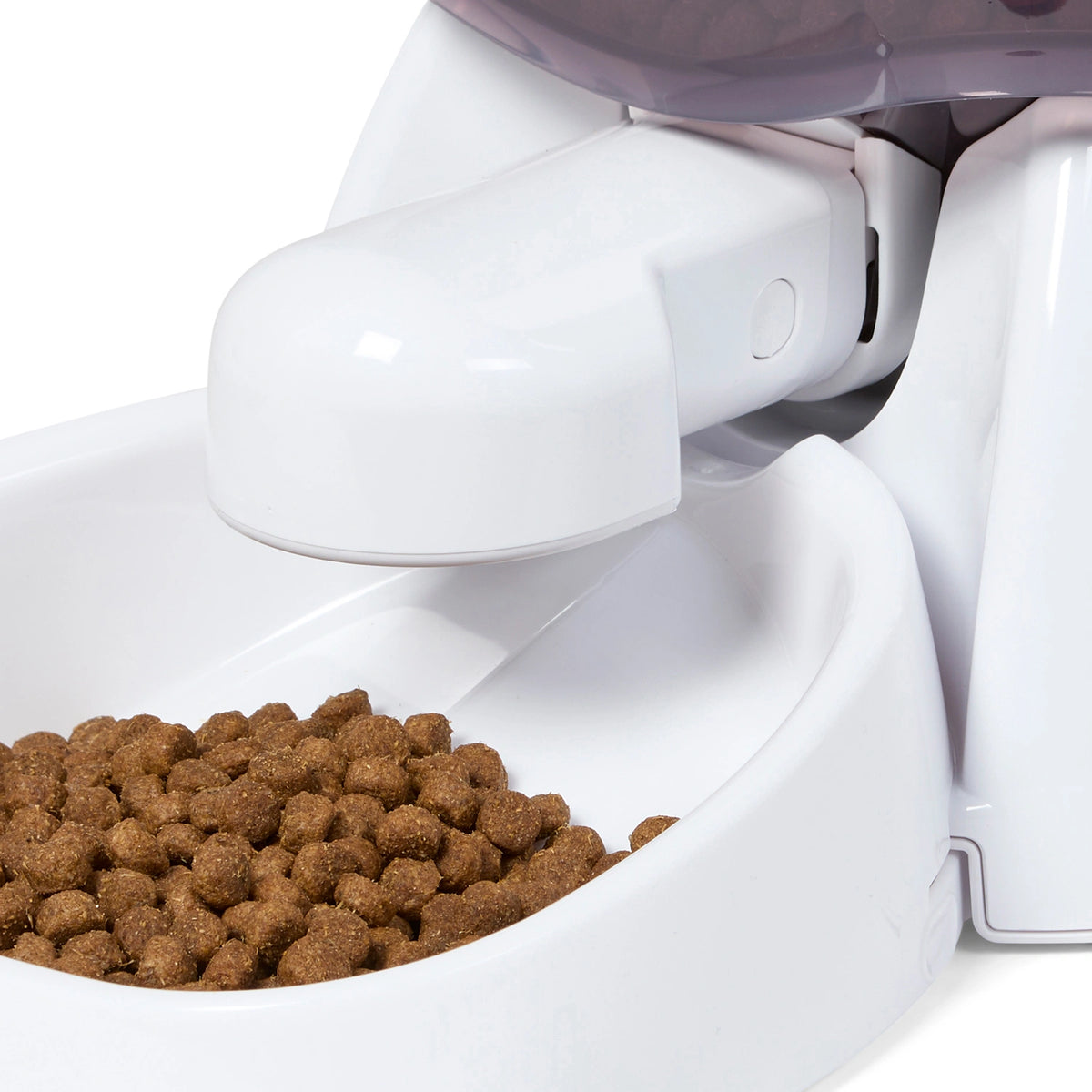 White pet food dispenser with brown kibble on a white background
