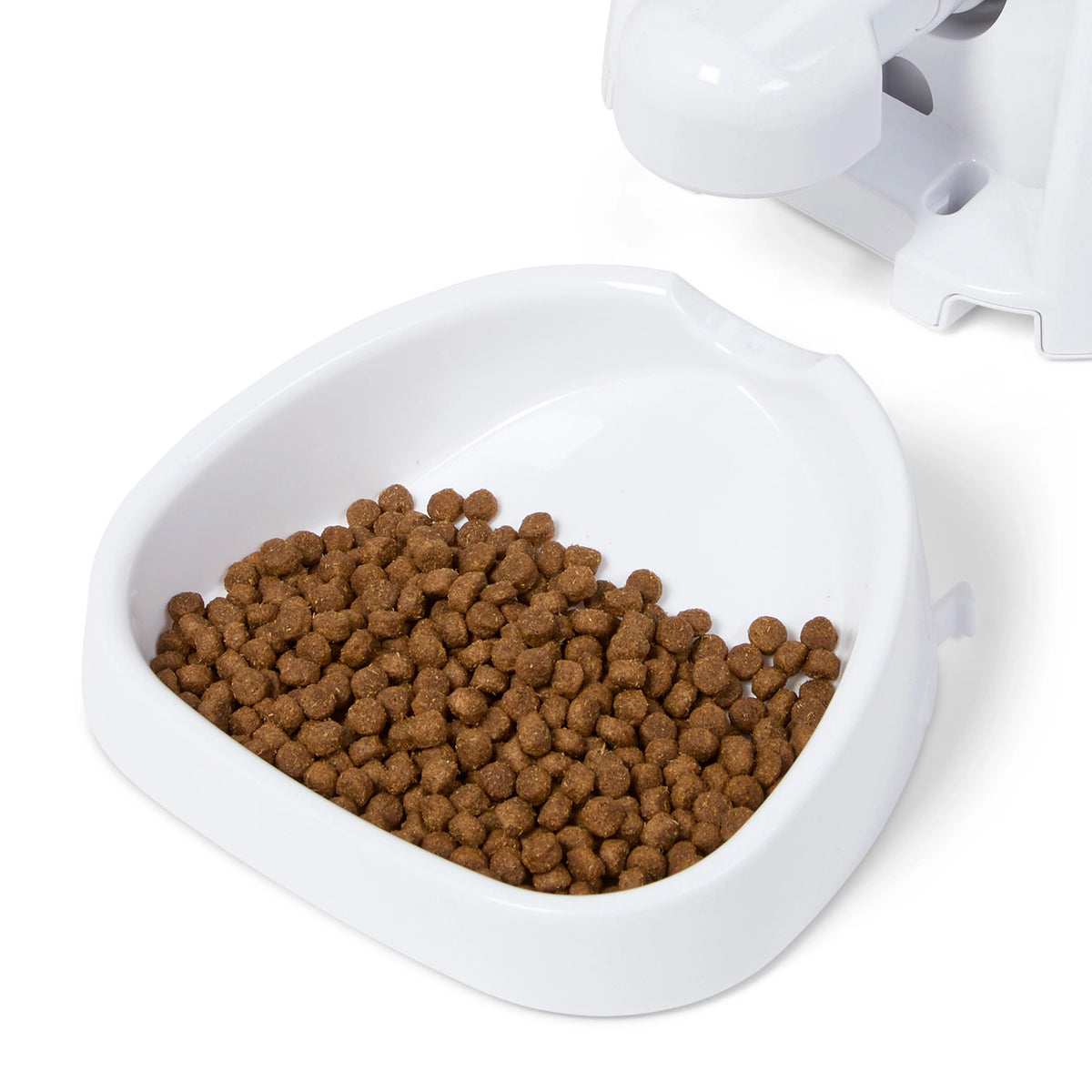 White curved bowl filled with brown pet food on a white background