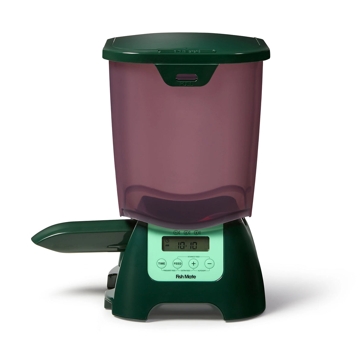 Green pond fish feeder on a white background