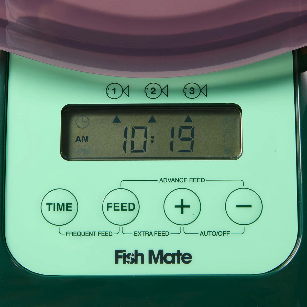 Digital timer control panel of a Fish Mate  automatic feeder in green which is suitable for pond fish. 
