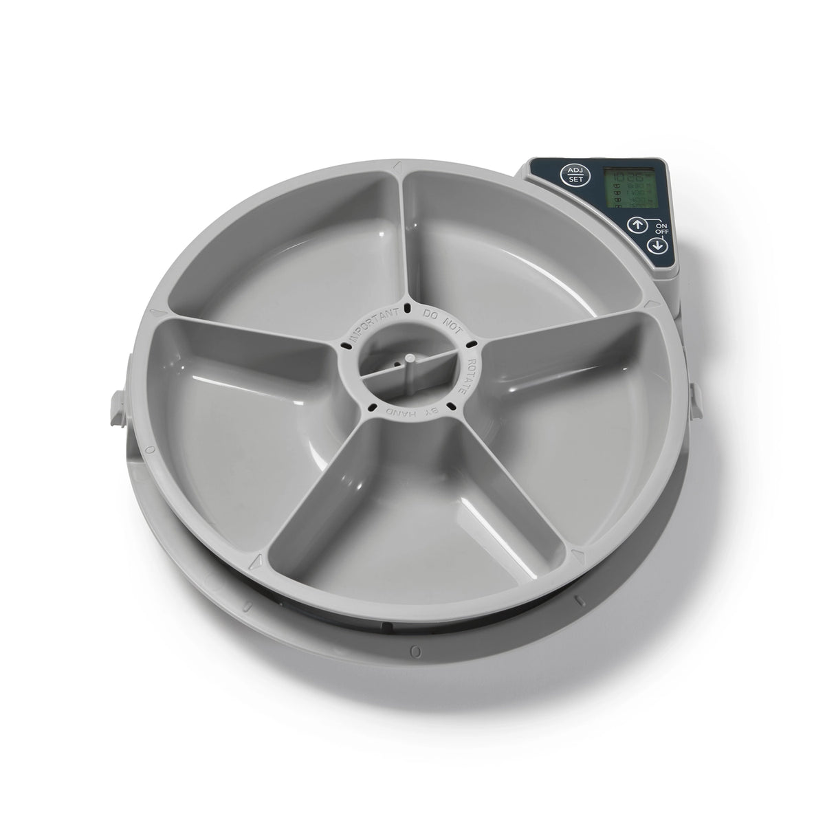Grey pet food dispenser with digital display on a white background