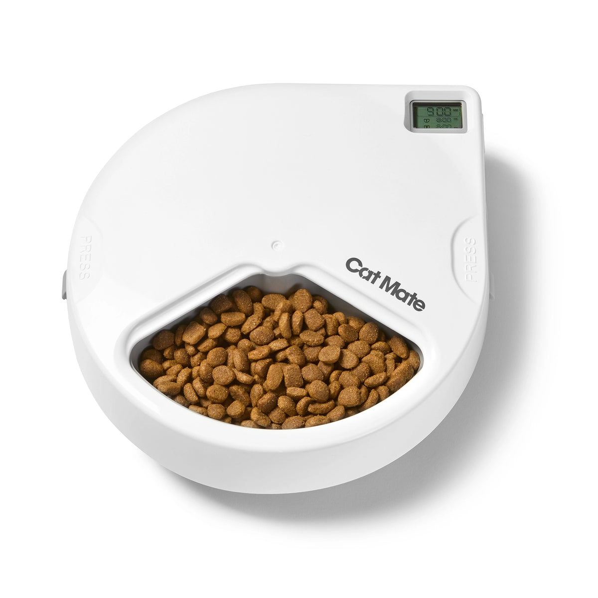 White pet food bowl with cat food and 'Cat Mate' branding on a white background