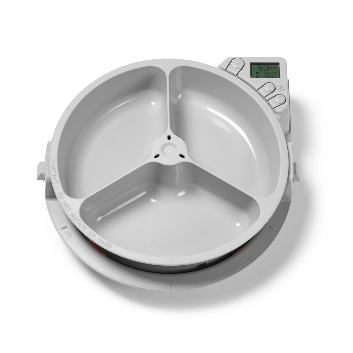 Pet food dispenser with digital display on a white background