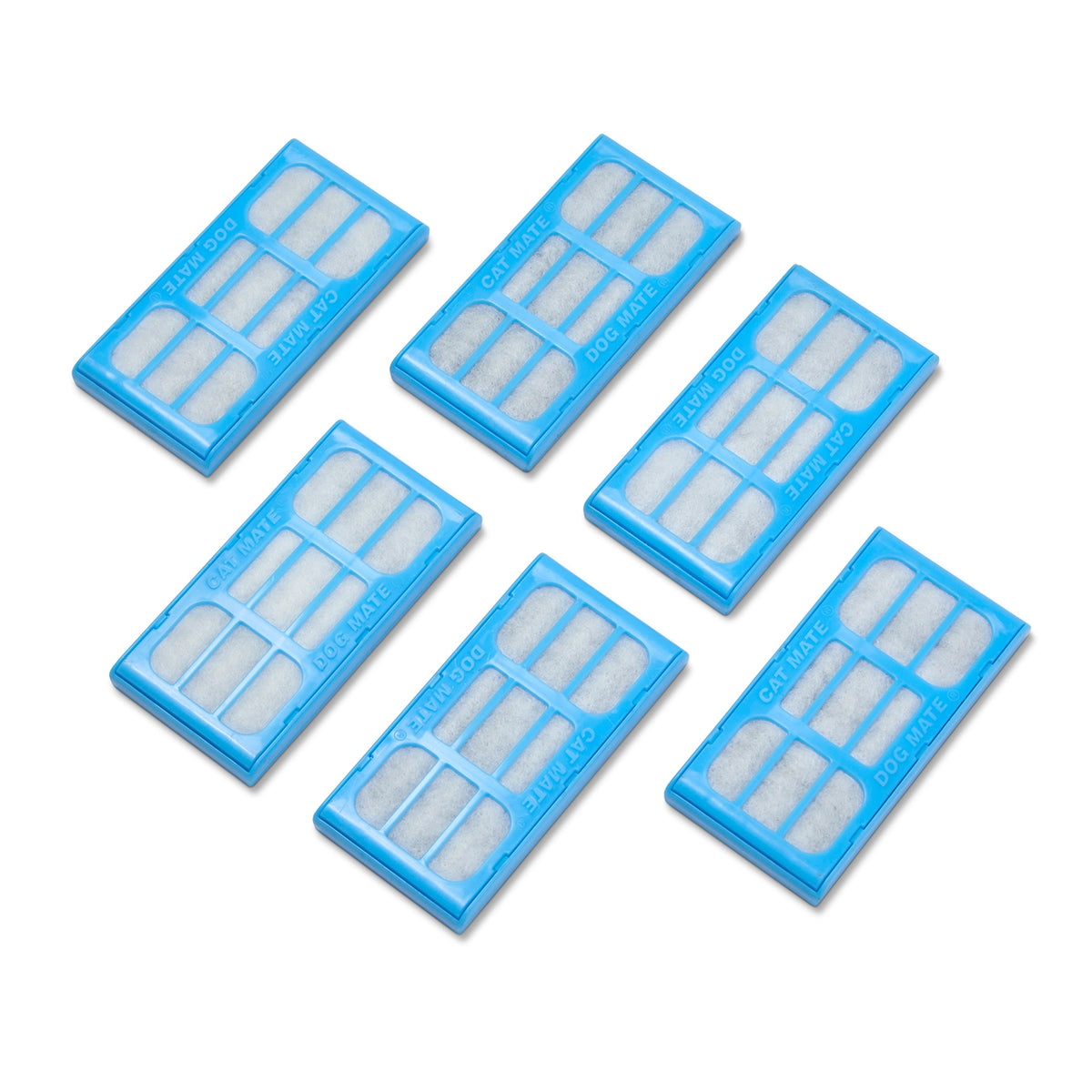 Six blue rectangular filters with white interior on a white background