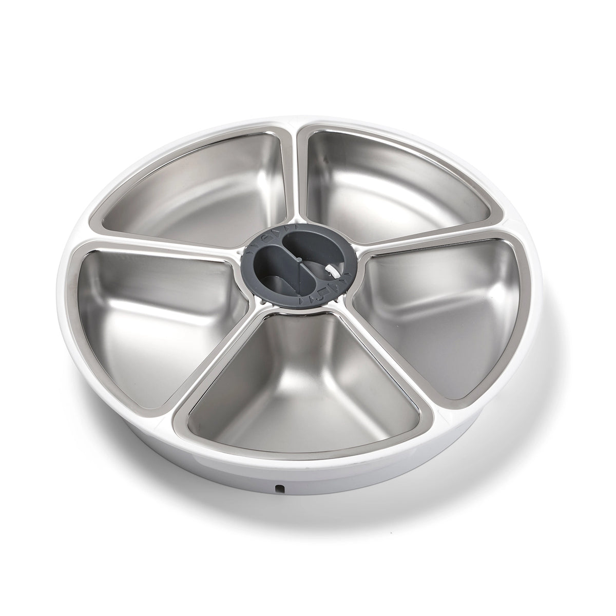 Stainless steel pet feeder with five compartments on a white background