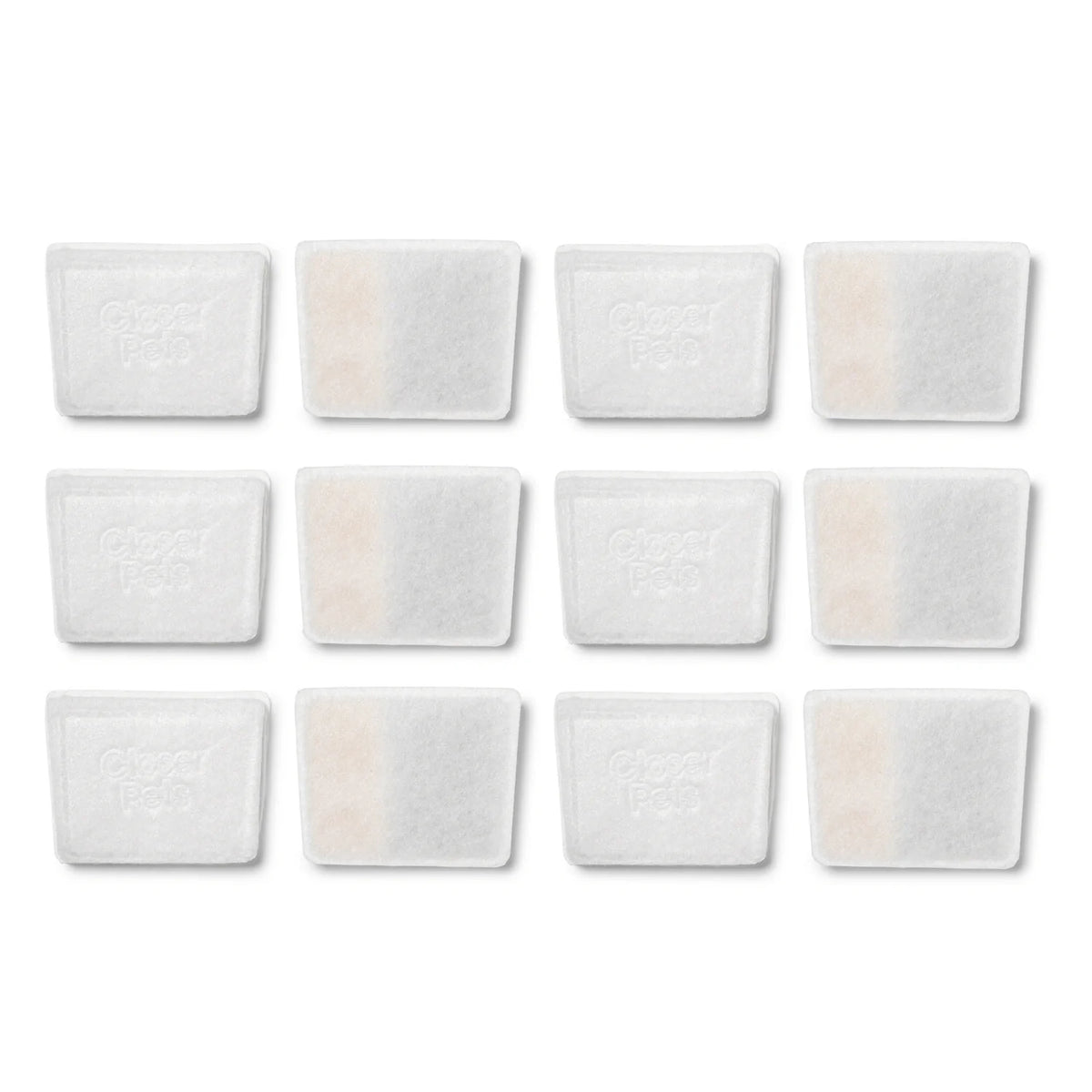 An overhead view of the pack of twelve white plastic-free filter cartridges for the Cat Mate ceramic fountain in the shape of a grid on a white background