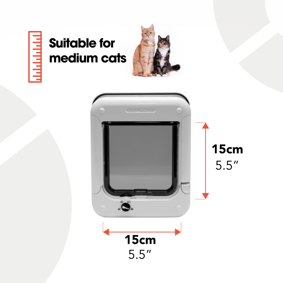 An infographic showing the product suitability for medium size cats and the size of the product. 